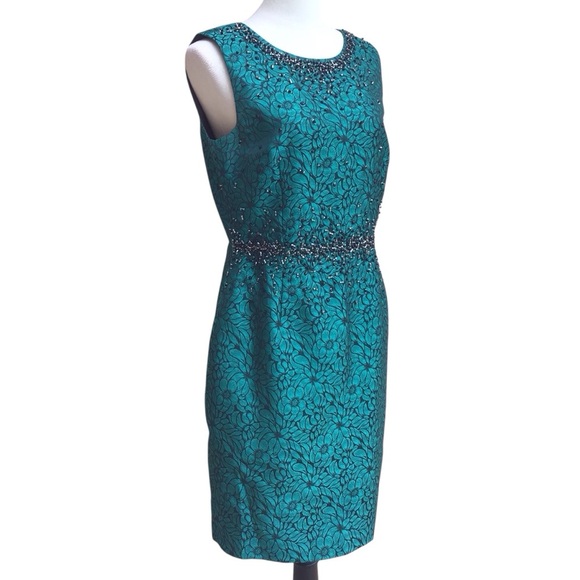 Katherine Kelly Green Black Floral Beaded Nanette Sheath Dress Size 8 - Picture 4 of 11